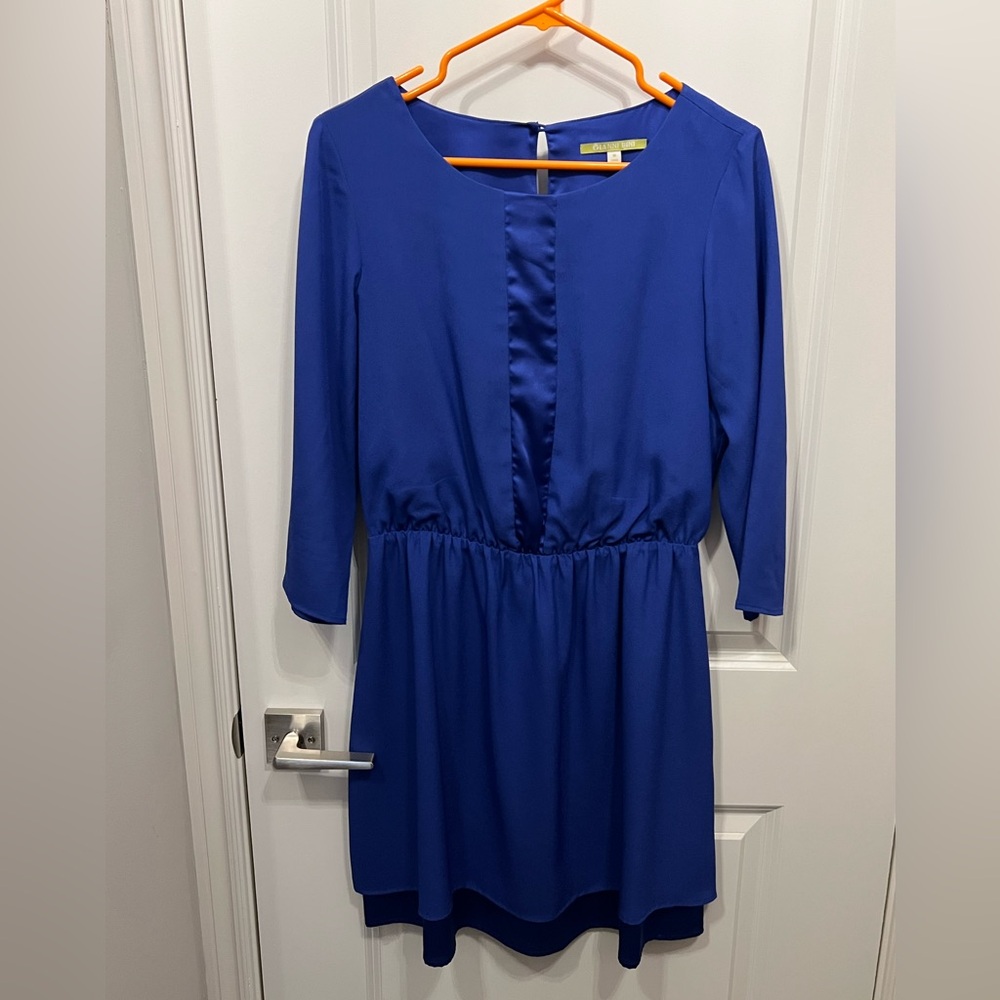 Gianni Bini - M - royal blue mini dress, long sleeve with satin strip down mid